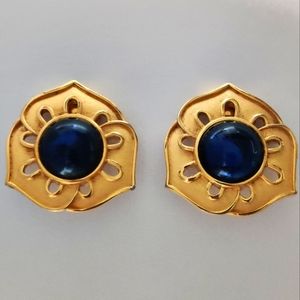 Vintage Alfred Sung Earrings Blue Poured Glass Cabochons